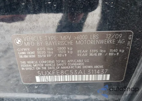 2010 BMW X5 xDrive48I z USA, uszkodzony, nr VIN 5UXFE8C53AL311437